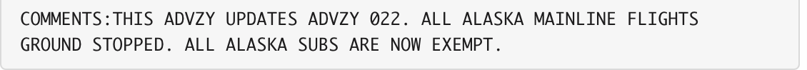 FAA notification of a ground stop for Alaska Airlines. FAA